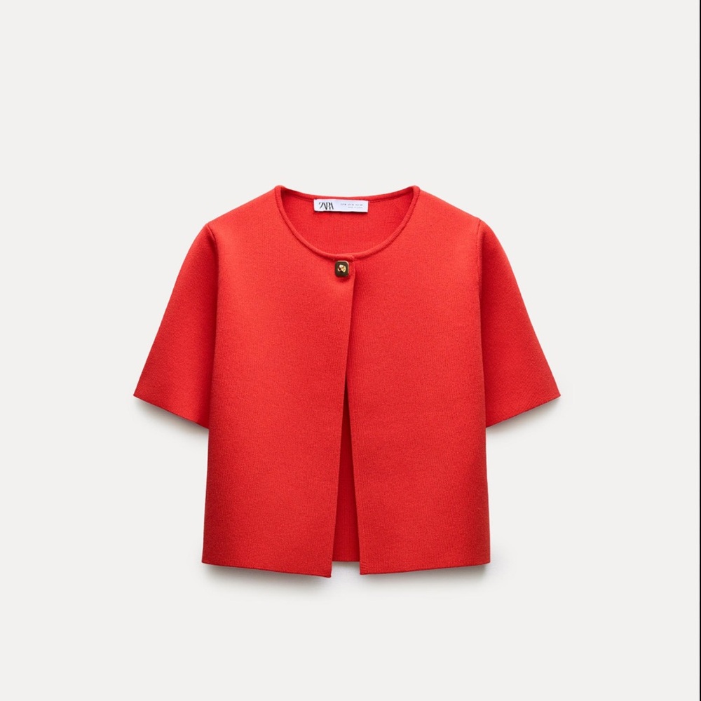 Zara Red KNITTED Cropped SWEATER TOP WITH GOLD DETAIL SIZE S